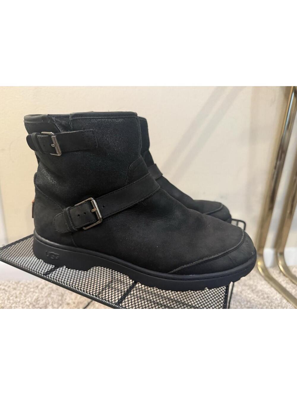 Ugg Waterproof Leather Biker Boots Buckles Side Zip - Women’s 8